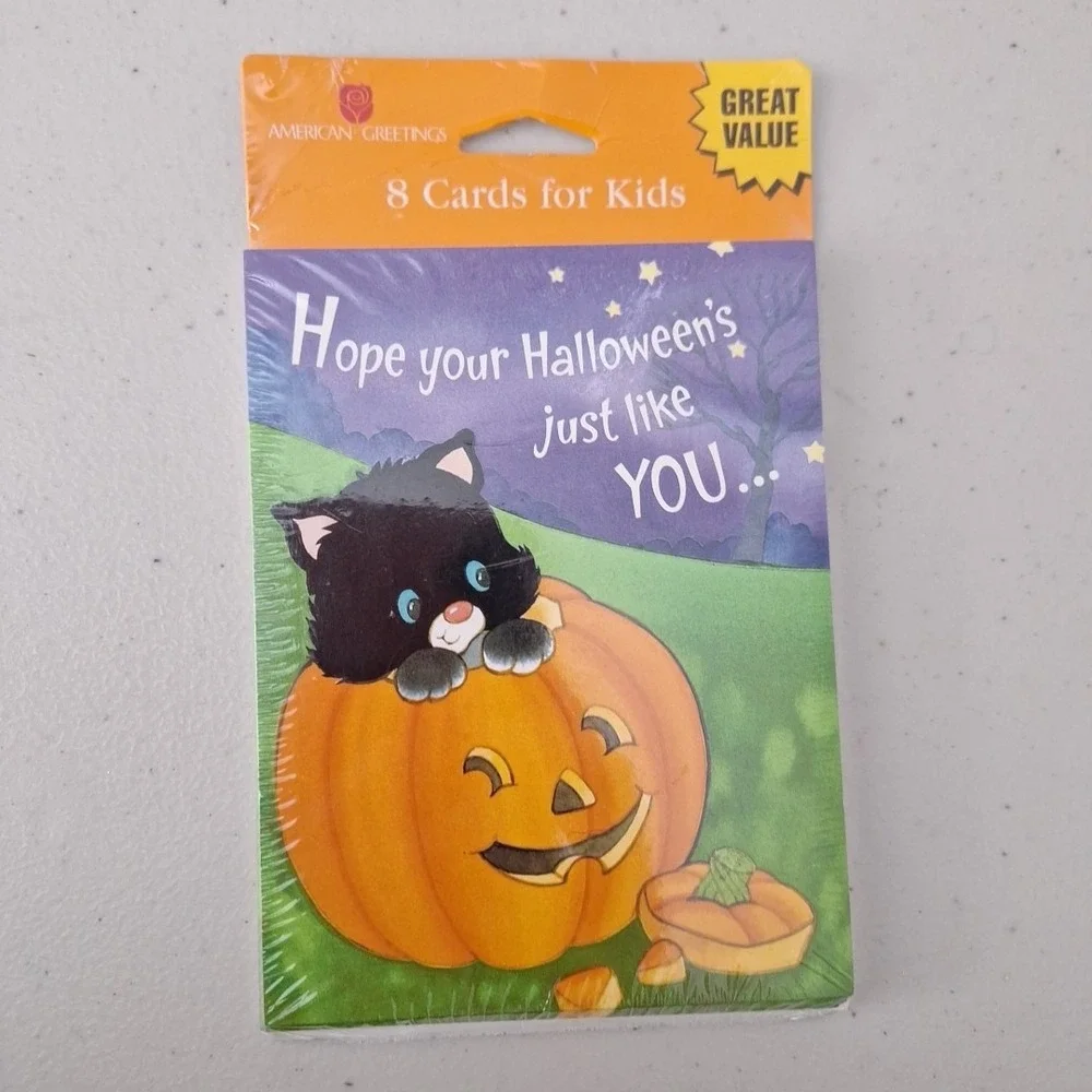 Vintage American Greetings Halloween Cards Black Cat On Pumpkin 8 Cards